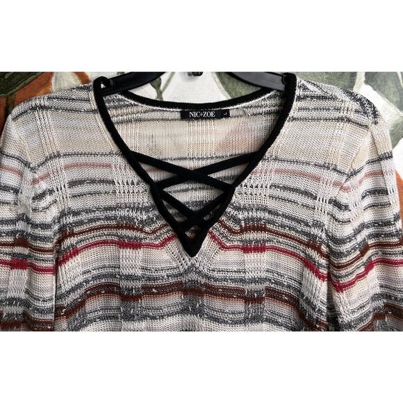 Nic + Zoe Large Linen Blend Keyhole Front Pullover Sweater Striped - Picture 2 of 6